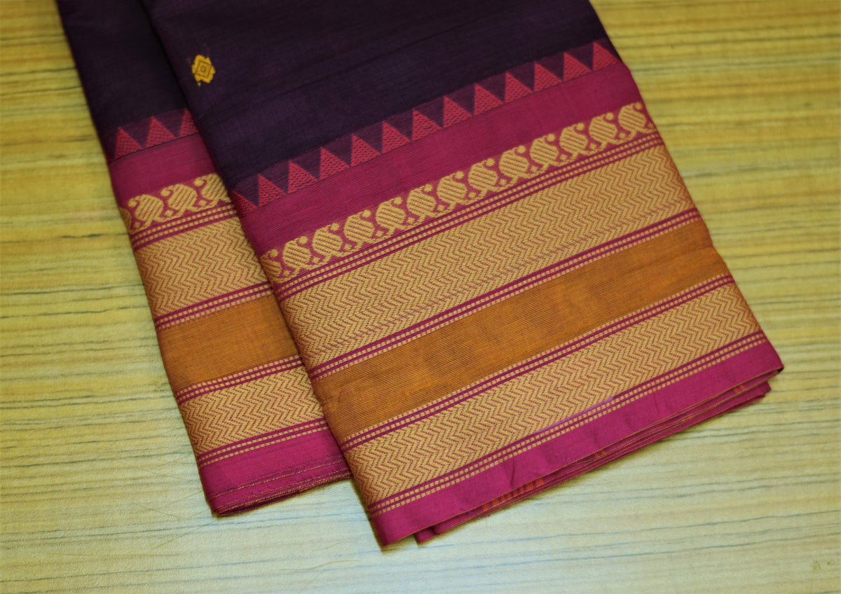 Kaanchi Cotton Saree - Deep Purple Kaanchi Cotton Saree  with Zari Temple Border & Matching Blouse