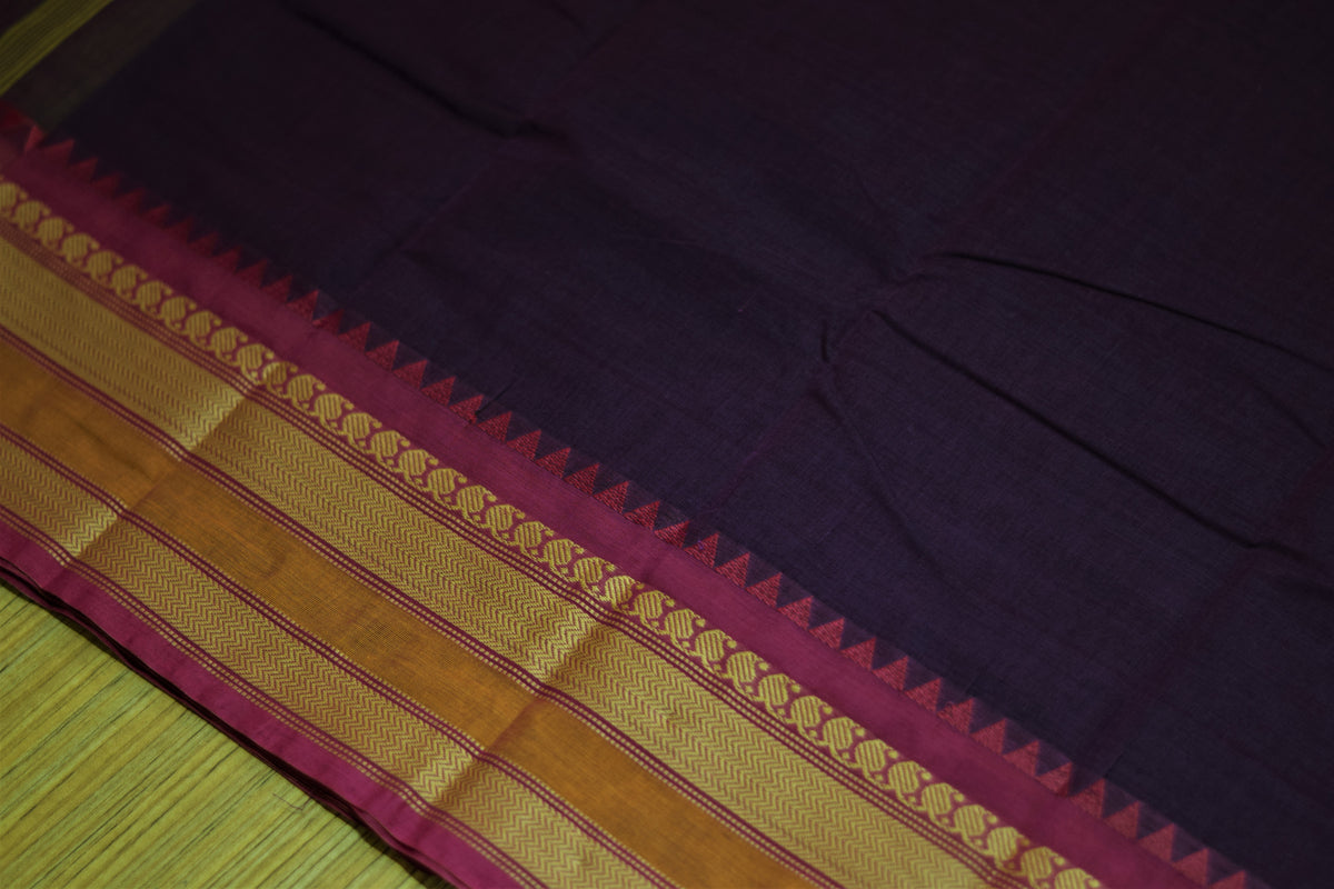 Kaanchi Cotton Saree - Deep Purple Kaanchi Cotton Saree  with Zari Temple Border & Matching Blouse