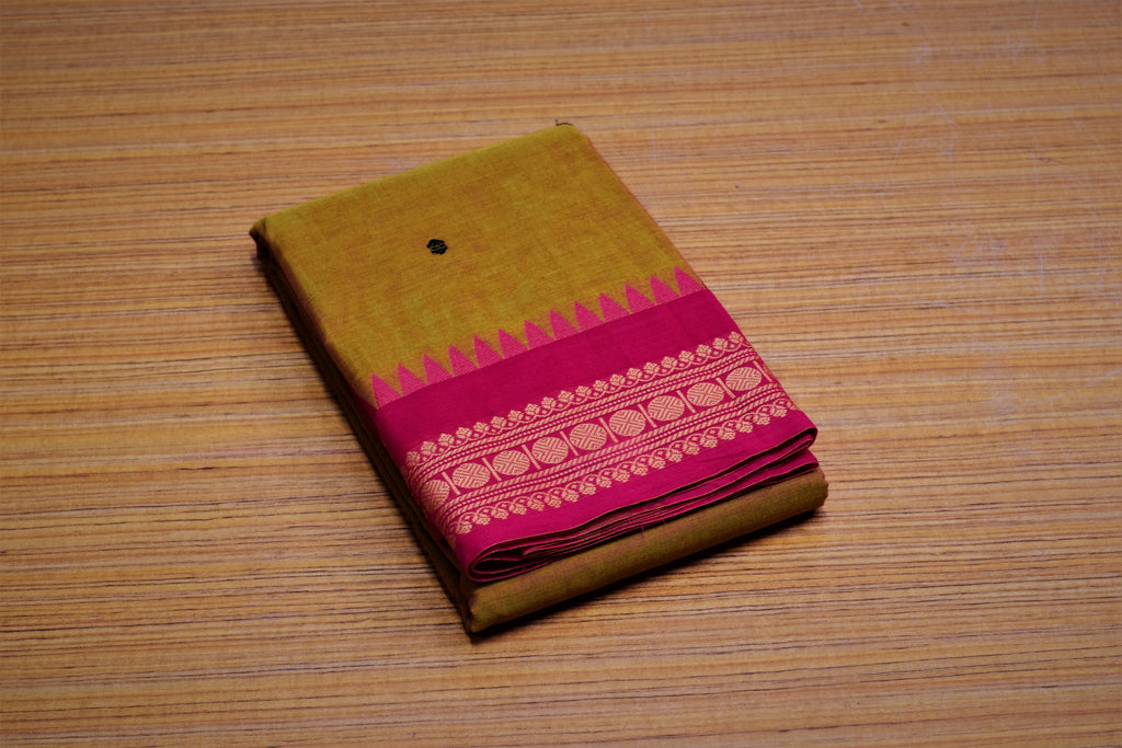 Kaanchi Cotton Saree - Mustard Yellow with Magenta Zari Temple Border & Blouse Piece