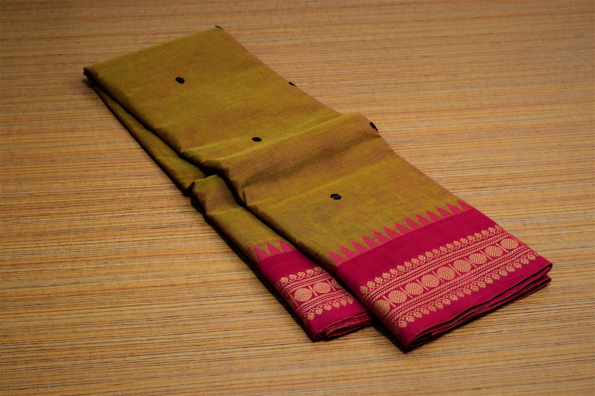 Kaanchi Cotton Saree - Mustard Yellow with Magenta Zari Temple Border & Blouse Piece