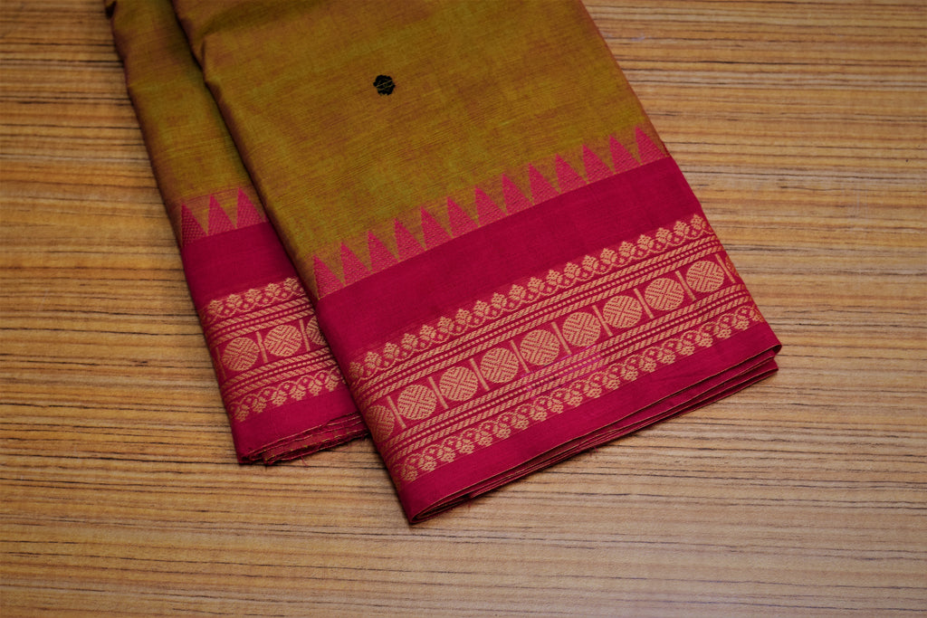 Kaanchi Cotton Saree - Mustard Yellow with Magenta Zari Temple Border & Blouse Piece