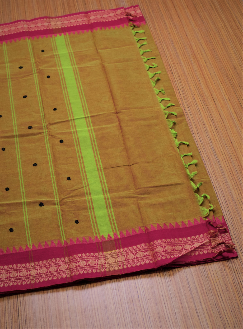 Kaanchi Cotton Saree - Mustard Yellow with Magenta Zari Temple Border & Blouse Piece