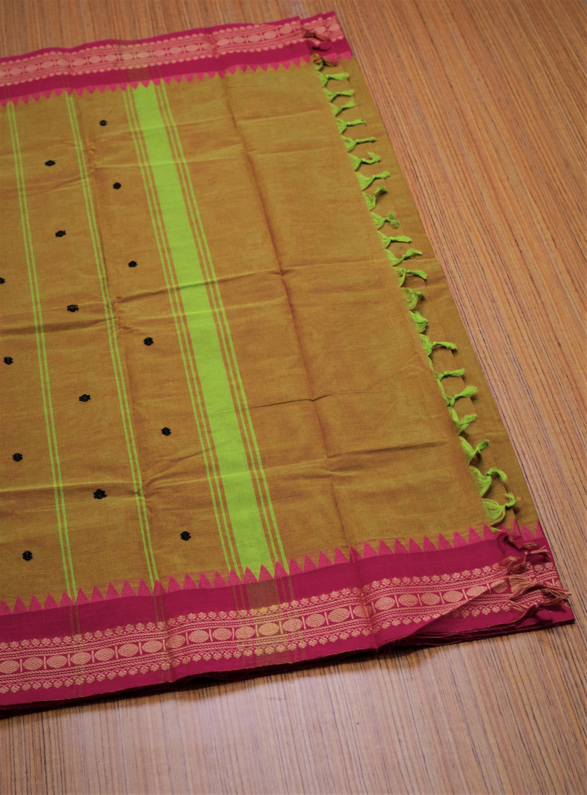 Kaanchi Cotton Saree - Mustard Yellow with Magenta Zari Temple Border & Blouse Piece