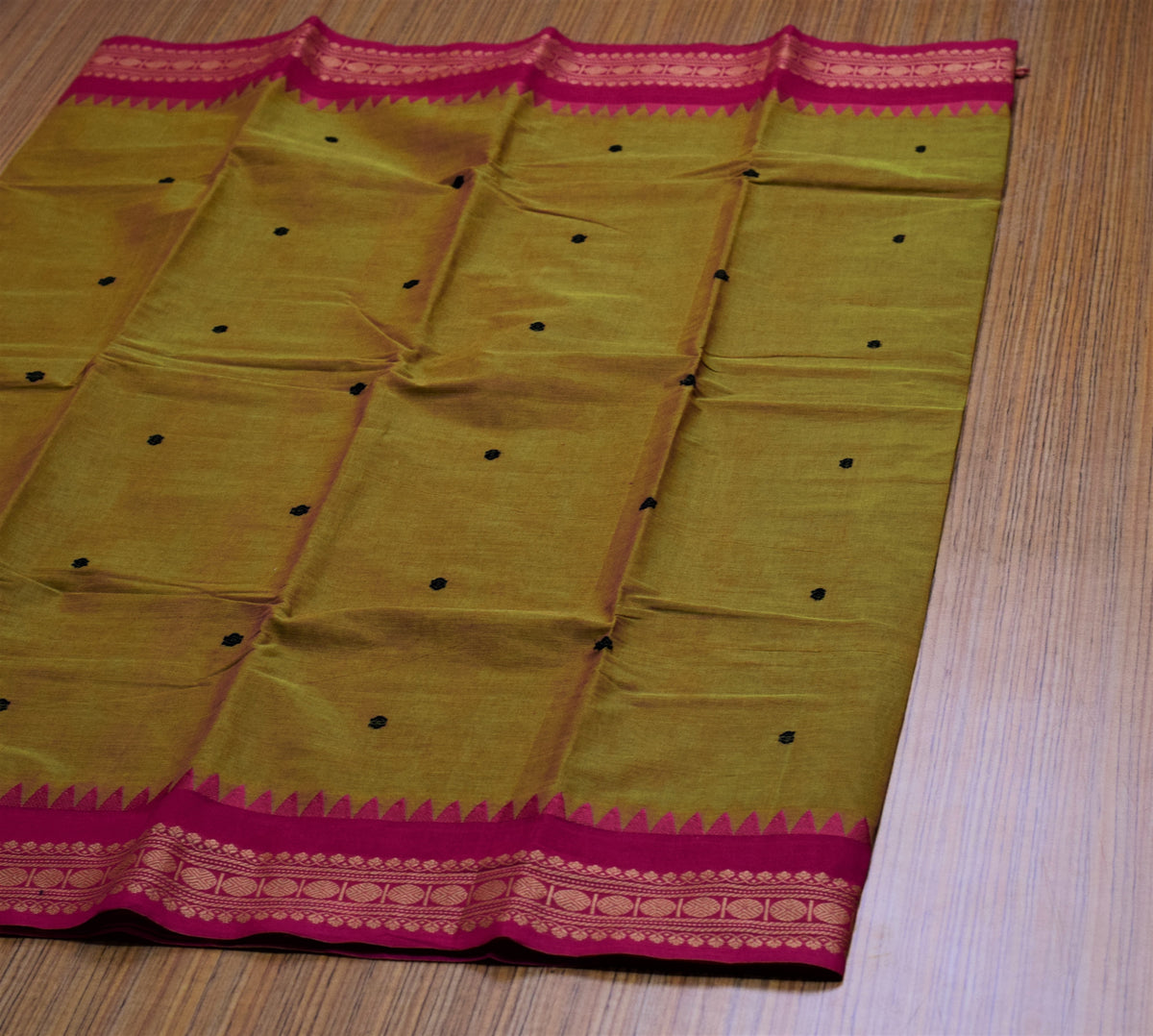 Kaanchi Cotton Saree - Mustard Yellow with Magenta Zari Temple Border & Blouse Piece