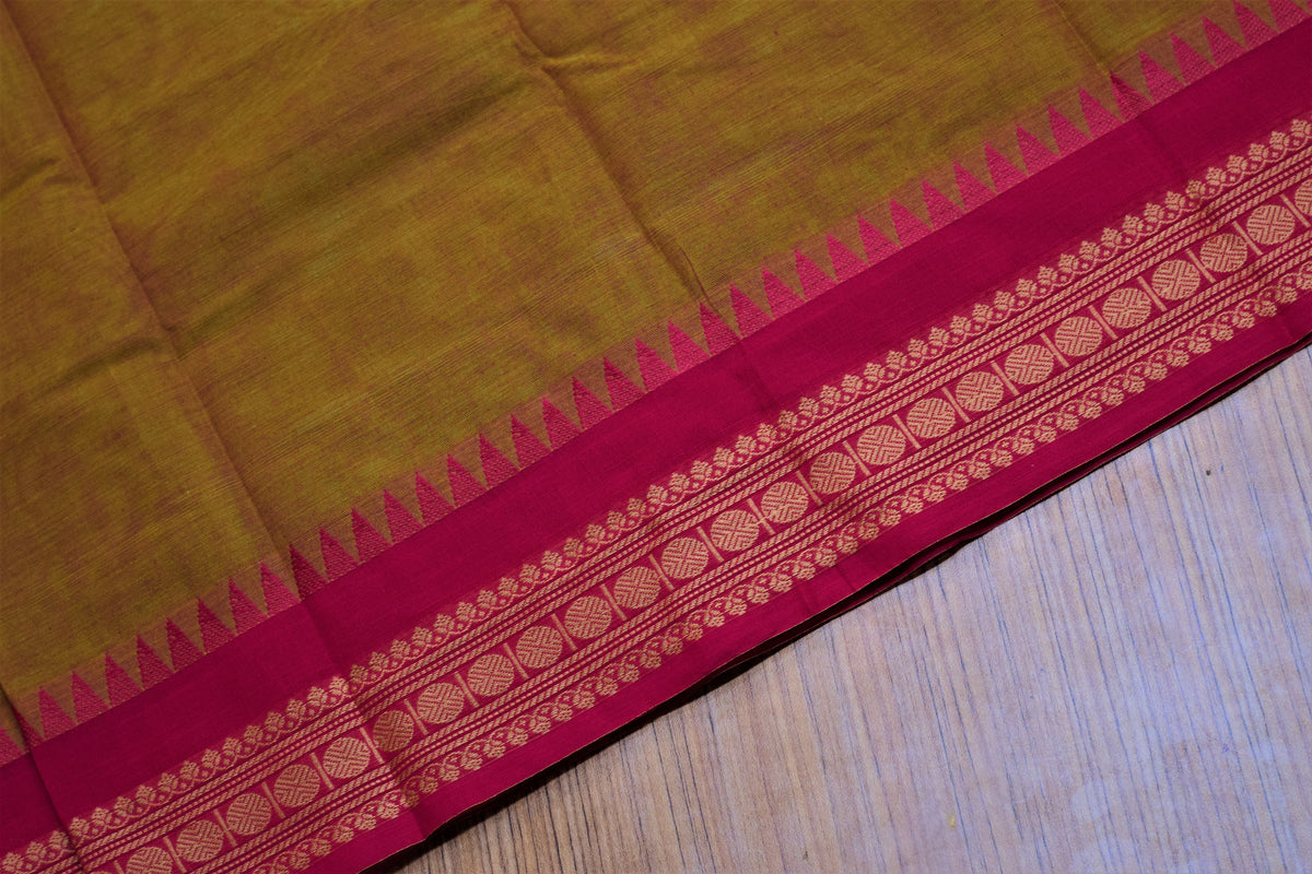 Kaanchi Cotton Saree - Mustard Yellow with Magenta Zari Temple Border & Blouse Piece