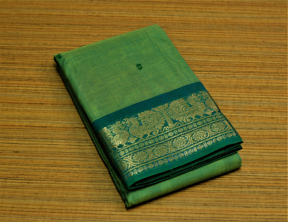 Parrot Green Kaanchi Cotton Saree with Teal Blue Peacock Zari Border & Blouse Piece