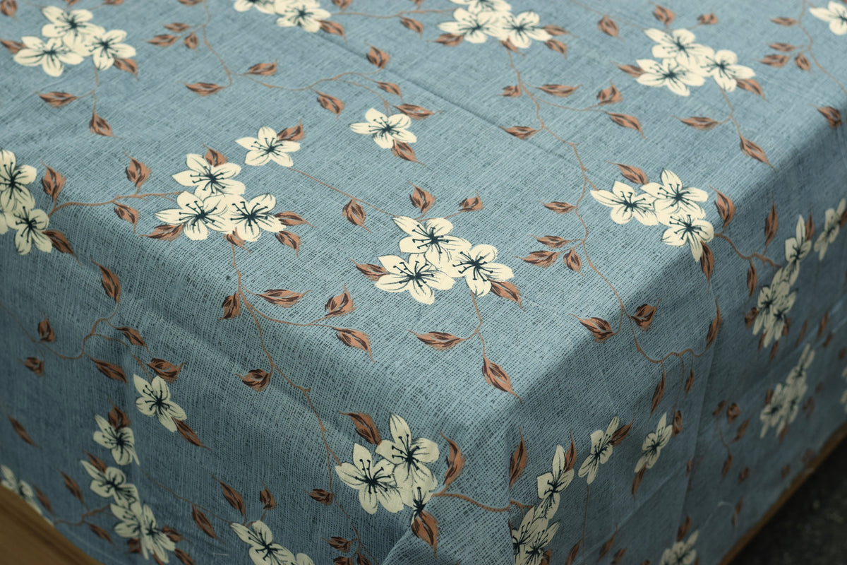 Queen Size Cotton Blend Floral Printed Bedsheet – Blue
