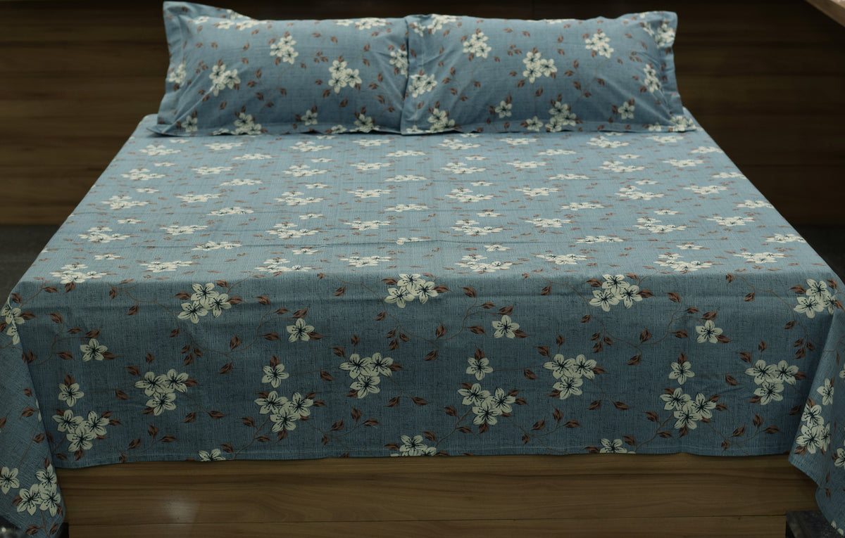 Queen Size Cotton Blend Floral Printed Bedsheet – Blue