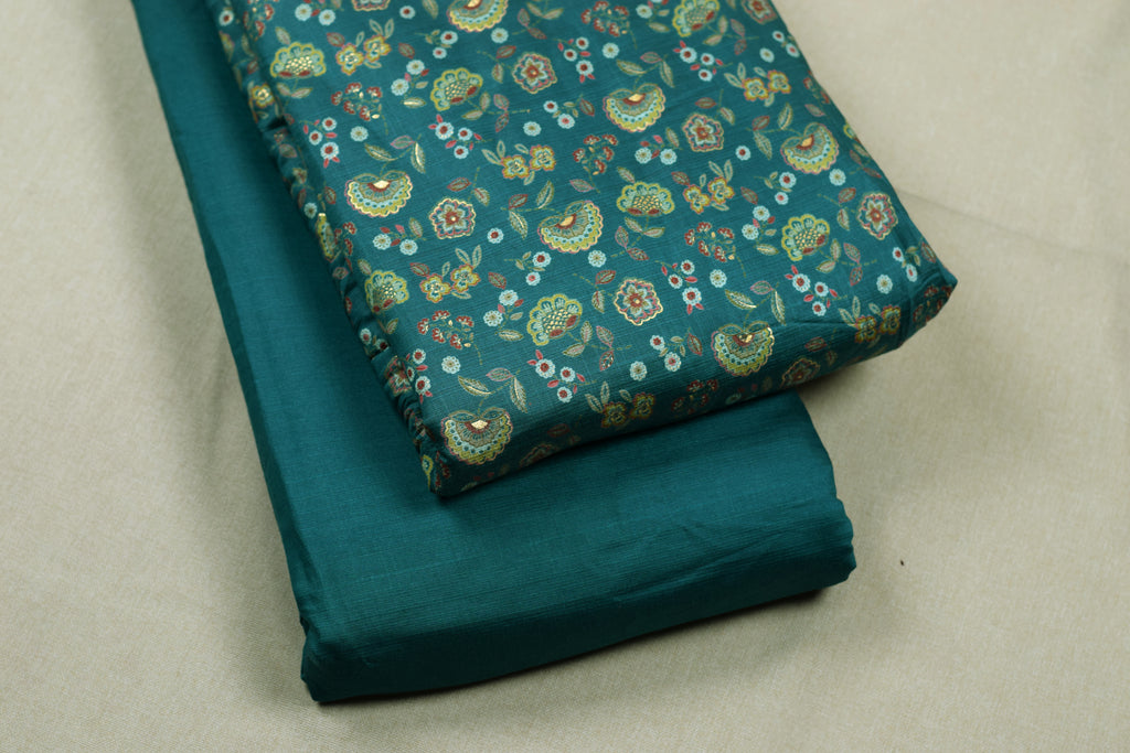 Elegant Teal Vatican Silk Printed Dress Material Set | Top & Bottom Fabric (56" Width)