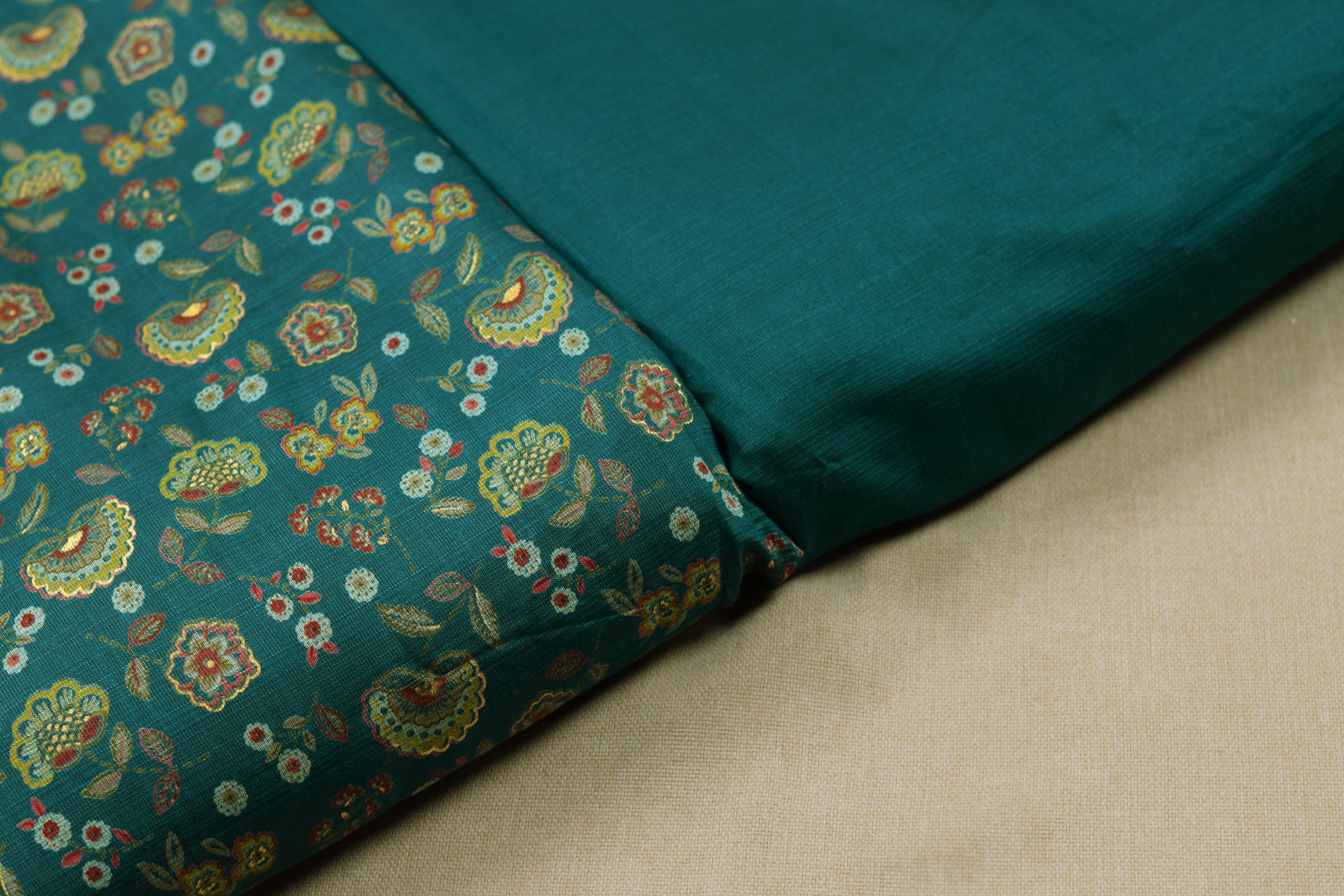 Elegant Teal Vatican Silk Printed Dress Material Set | Top & Bottom Fabric (56" Width)