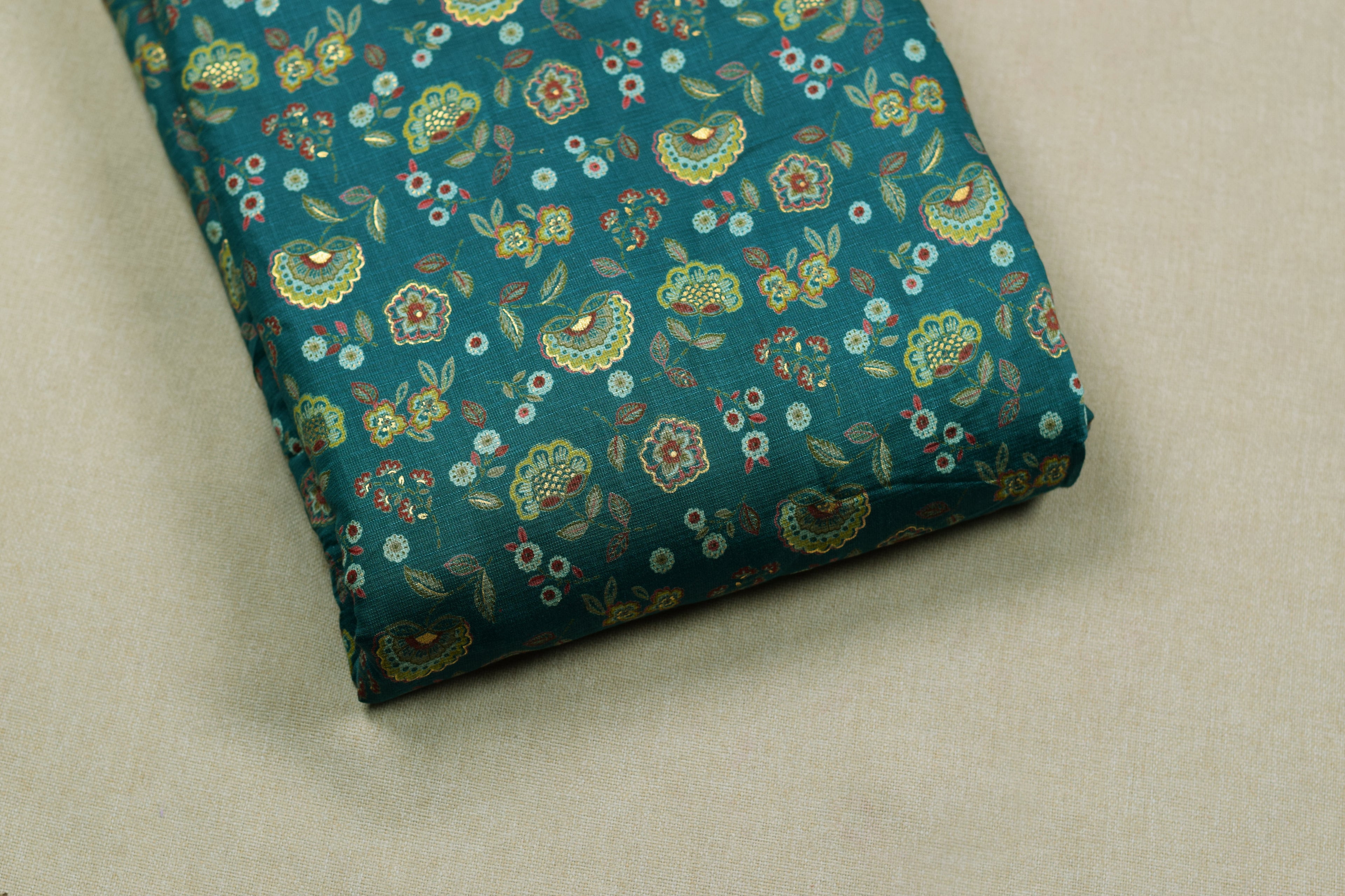Elegant Teal Vatican Silk Printed Dress Material Set | Top & Bottom Fabric (56" Width)