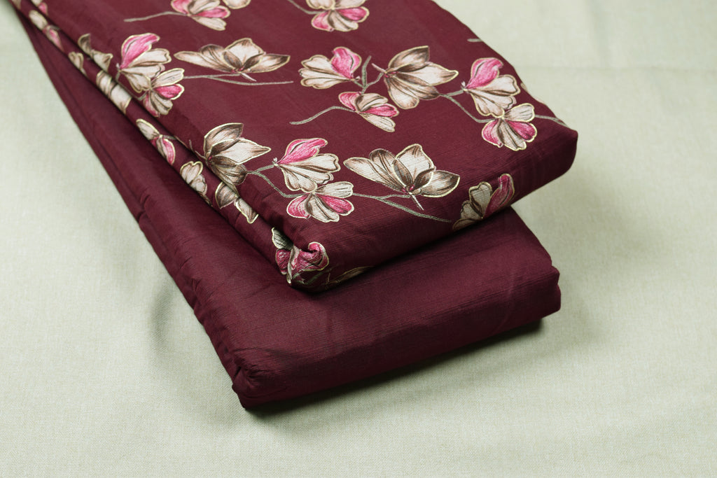Maroon Floral Vatican Silk Dress Material Set | Unstitched Top & Bottom Fabric (56" Width)