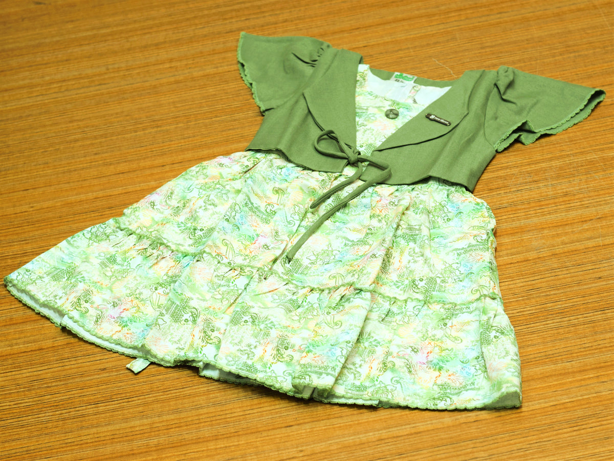 Girls Printed Frock with Olive Green Shrug – Stylish Kids Party Wear Dress