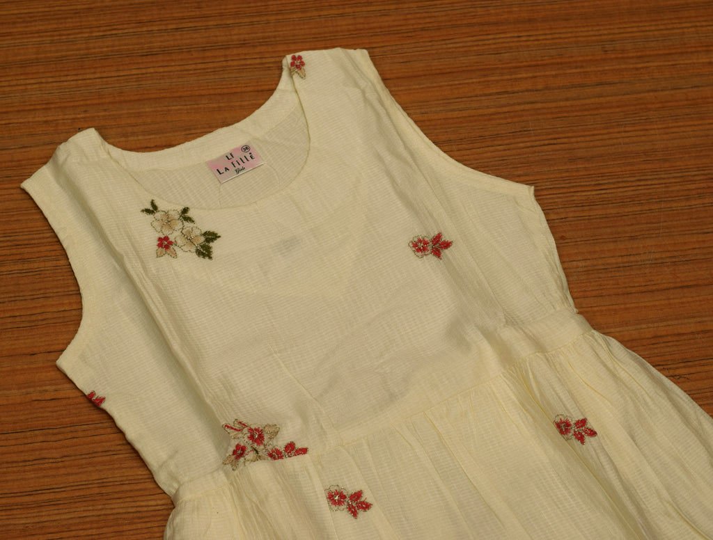 Girls Cream Floral Embroidered Frock with Inner Sleeves – Elegant Party Wear Dress
