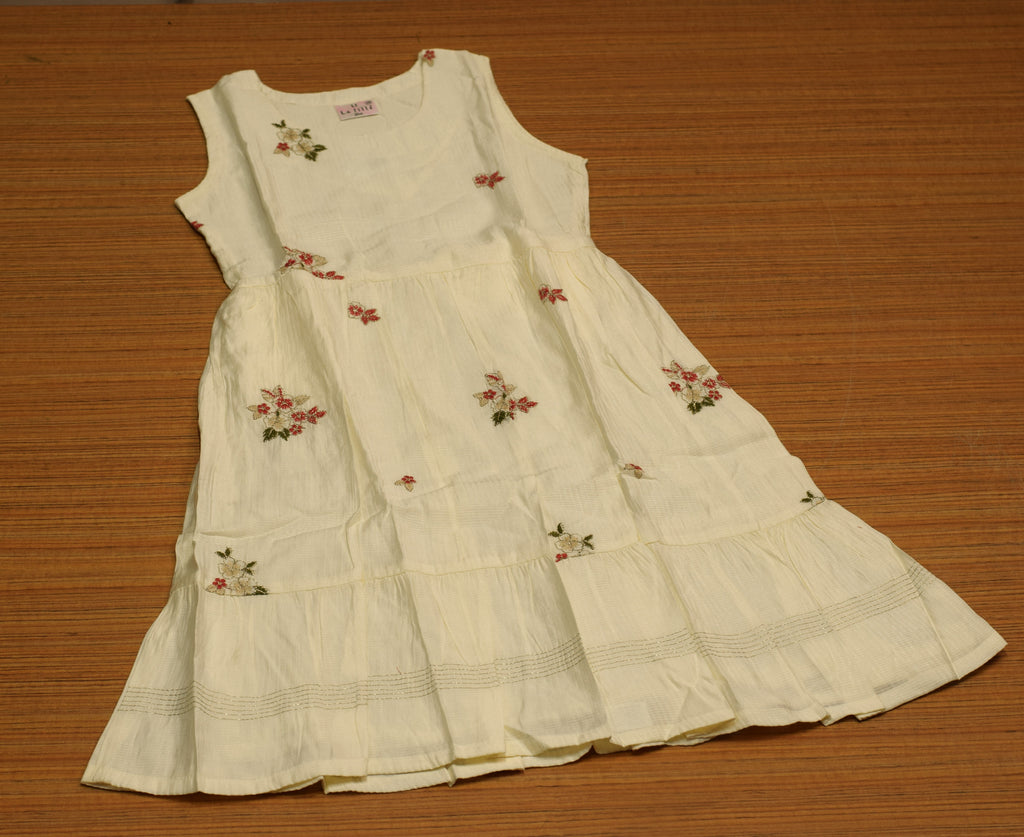 Girls Cream Floral Embroidered Frock with Inner Sleeves – Elegant Party Wear Dress