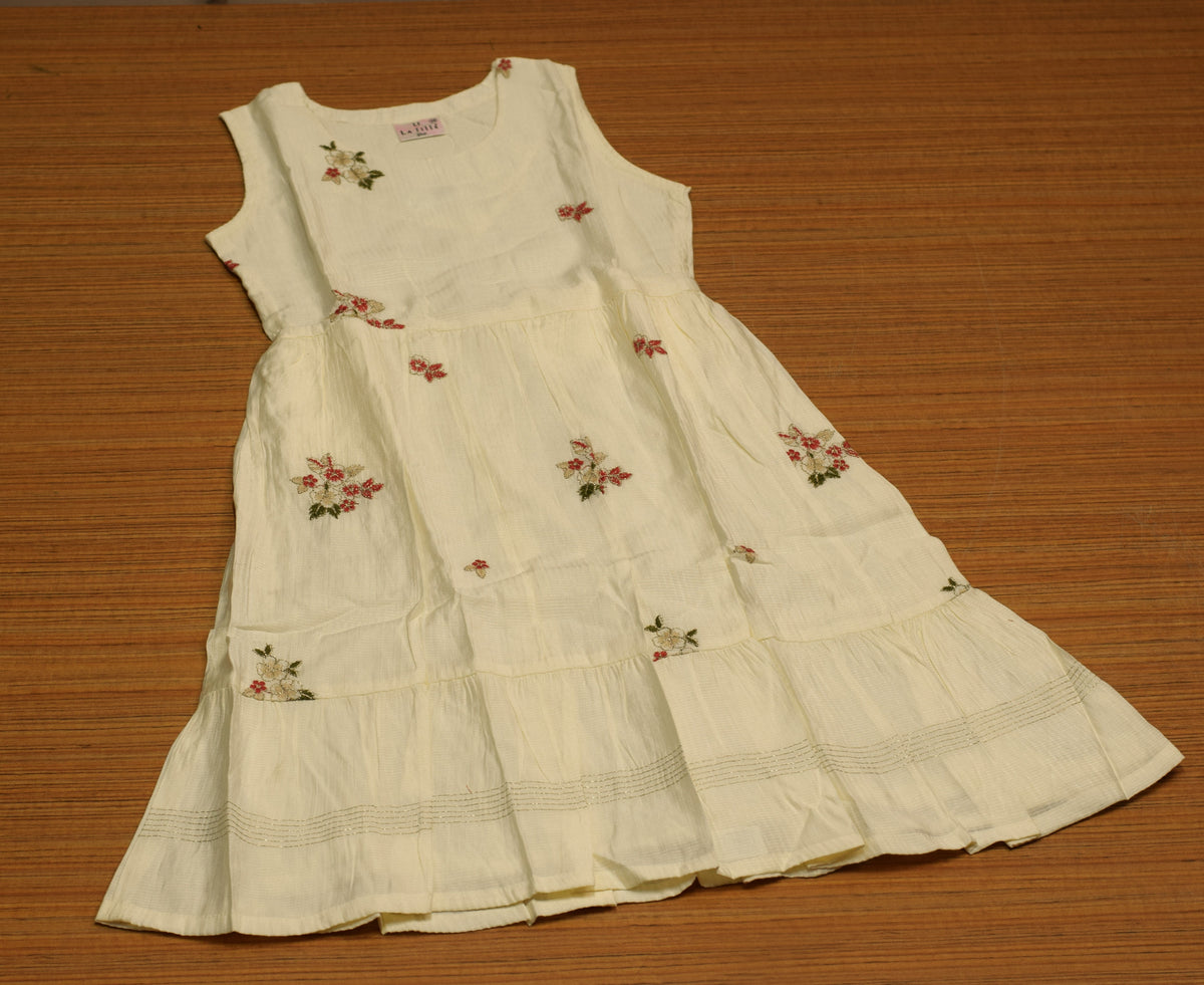 Girls Cream Floral Embroidered Frock with Inner Sleeves – Elegant Party Wear Dress