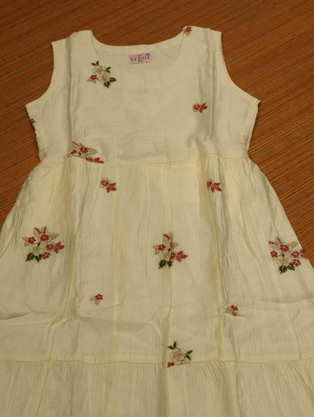 Girls Cream Floral Embroidered Frock with Inner Sleeves – Elegant Party Wear Dress
