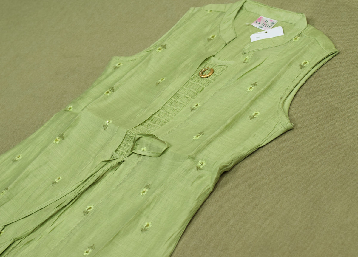 Girls’ Light Green Embroidered Anarkali Frock with Inner Sleeve