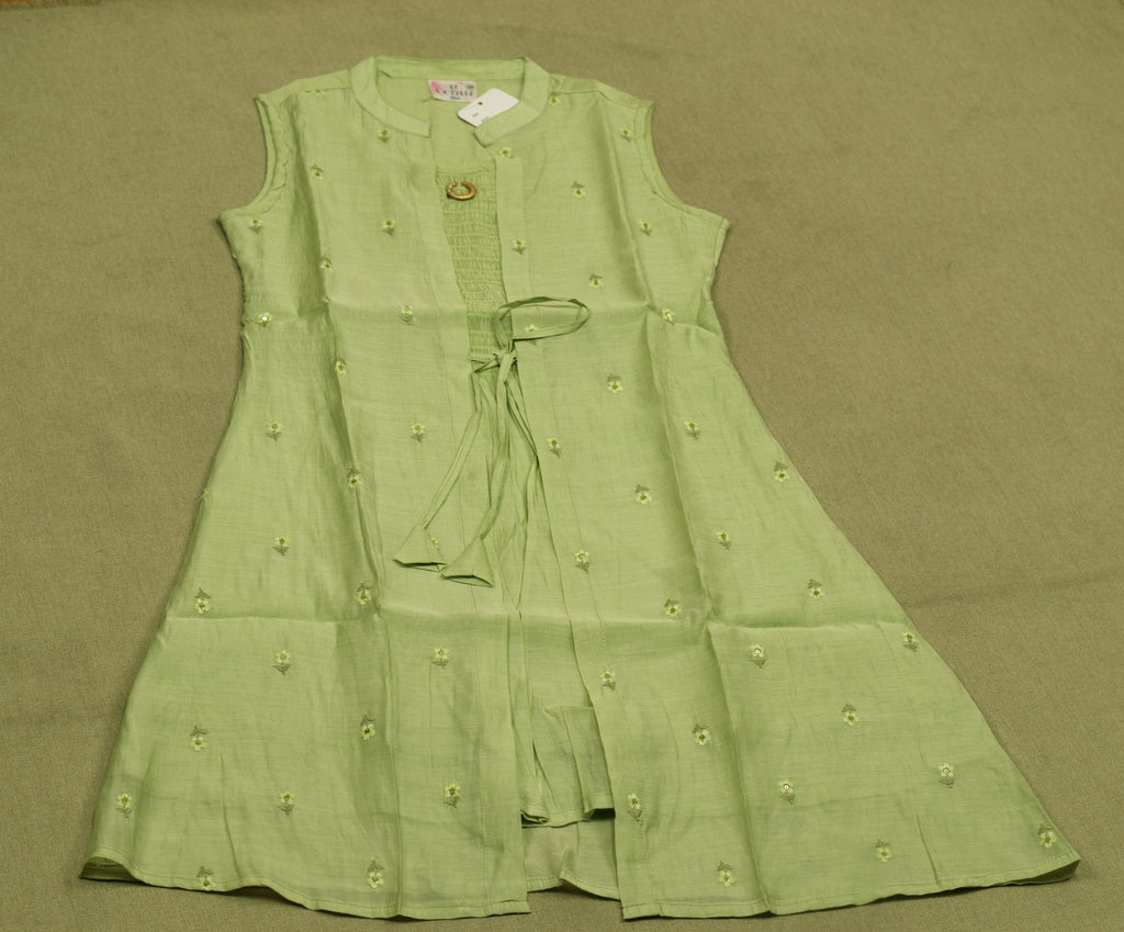 Girls’ Light Green Embroidered Anarkali Frock with Inner Sleeve