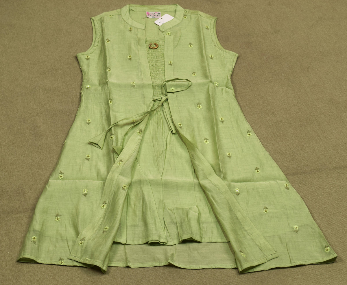 Girls’ Light Green Embroidered Anarkali Frock with Inner Sleeve