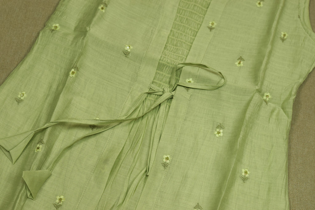 Girls’ Light Green Embroidered Anarkali Frock with Inner Sleeve