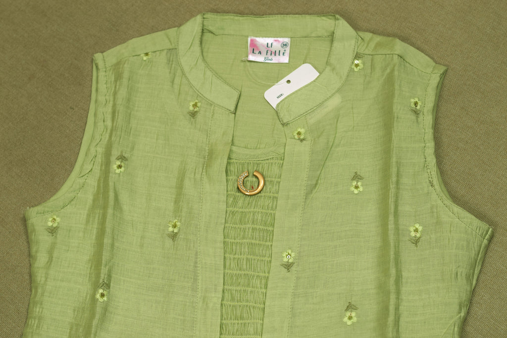 Girls’ Light Green Embroidered Anarkali Frock with Inner Sleeve