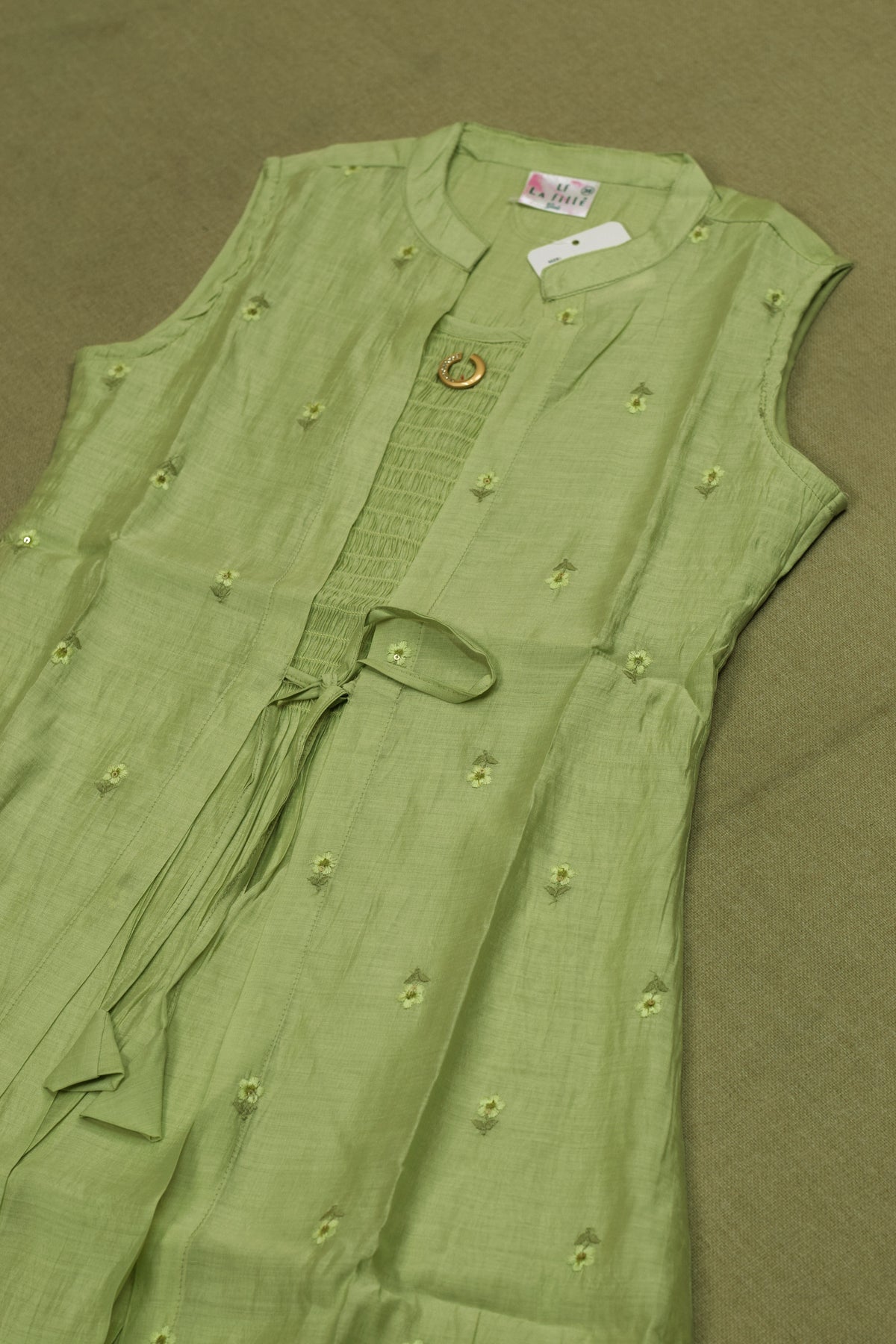 Girls’ Light Green Embroidered Anarkali Frock with Inner Sleeve