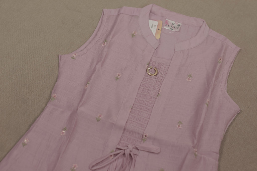 Girls’ Pink Floral Embroidered Anarkali Frock with Inner Sleeves