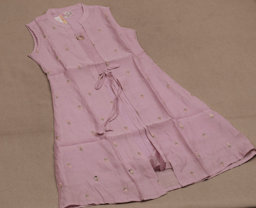 Girls’ Pink Floral Embroidered Anarkali Frock with Inner Sleeves