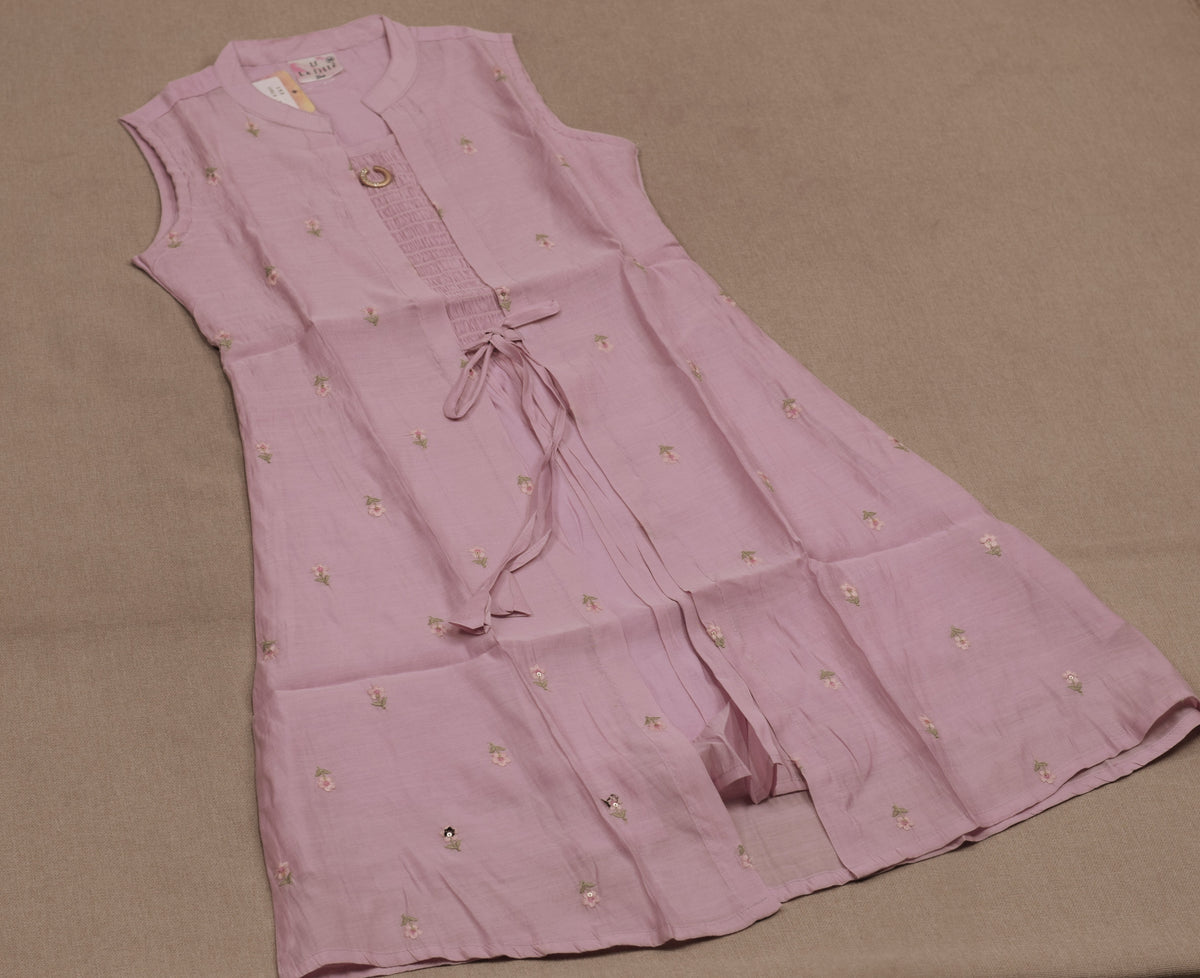 Girls’ Pink Floral Embroidered Anarkali Frock with Inner Sleeves