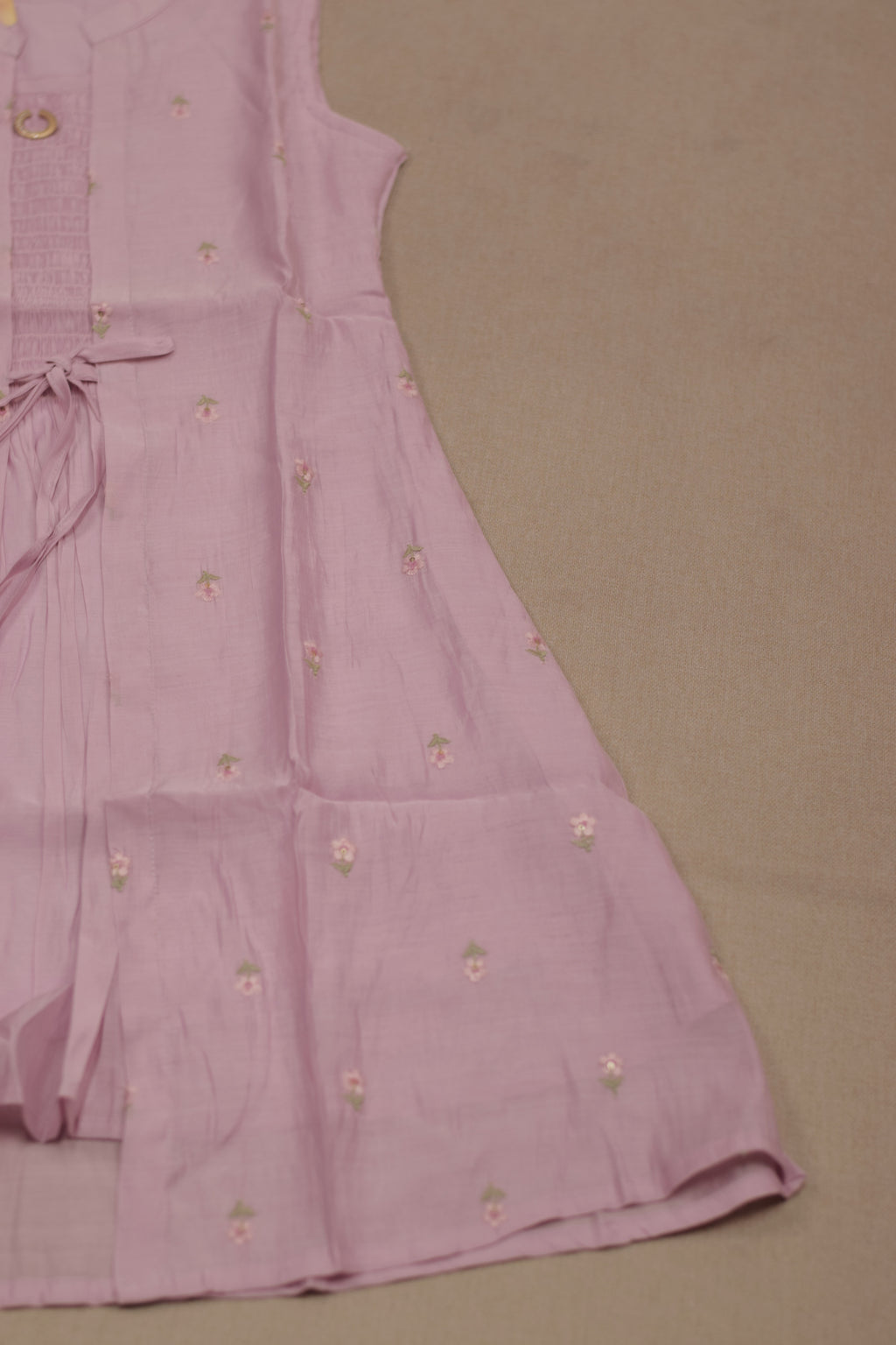 Girls’ Pink Floral Embroidered Anarkali Frock with Inner Sleeves