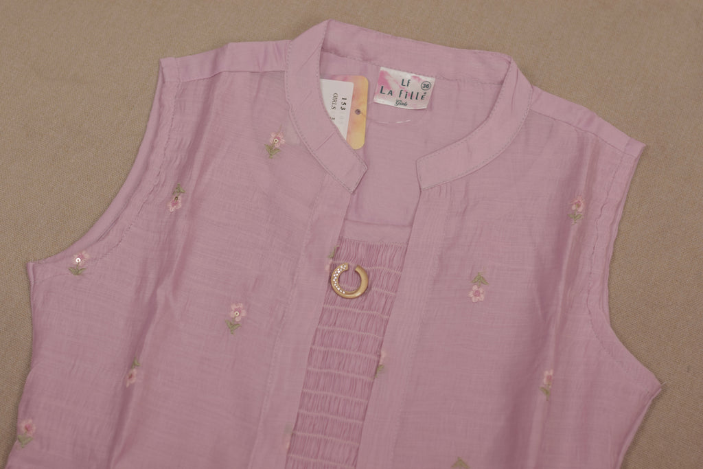 Girls’ Pink Floral Embroidered Anarkali Frock with Inner Sleeves
