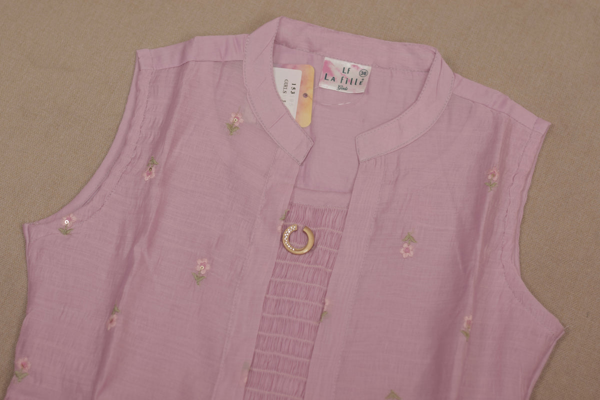 Girls’ Pink Floral Embroidered Anarkali Frock with Inner Sleeves