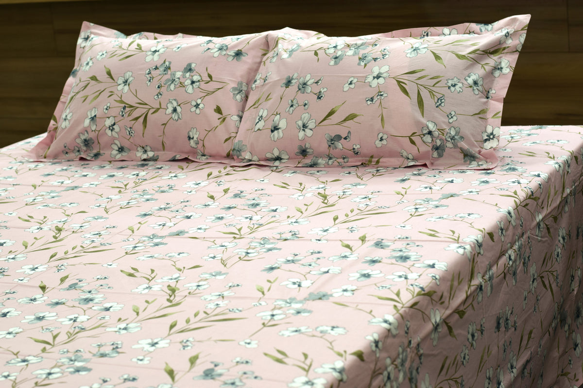 King Size Cotton Floral Bedsheet – Pink & Blue Floral Print | 110 × 110 Inches