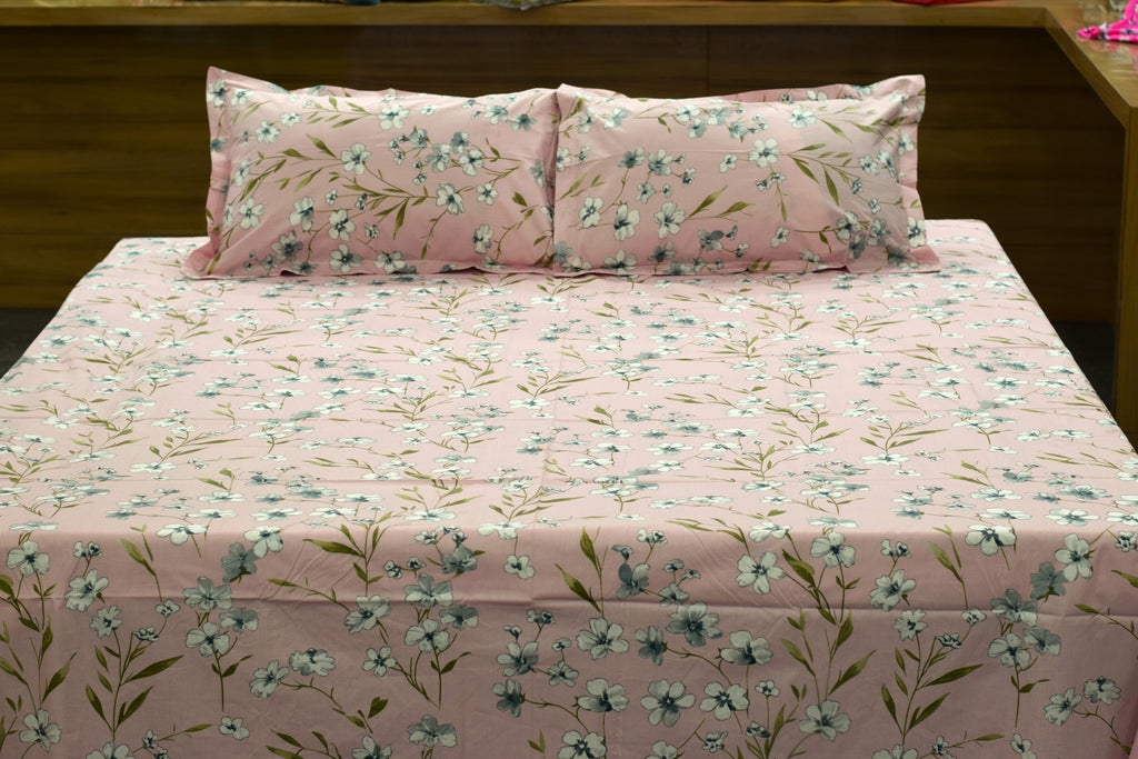 King Size Cotton Floral Bedsheet – Pink & Blue Floral Print | 110 × 110 Inches