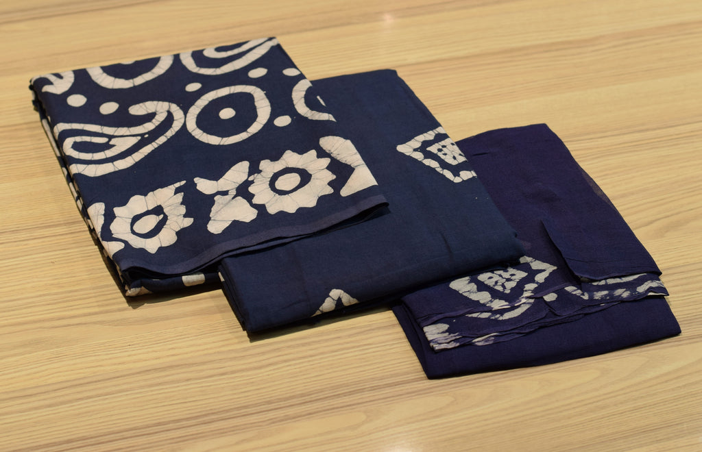 Navy Blue Batik Print Pure Cotton Unstitched Churidhar Dress Material Set
