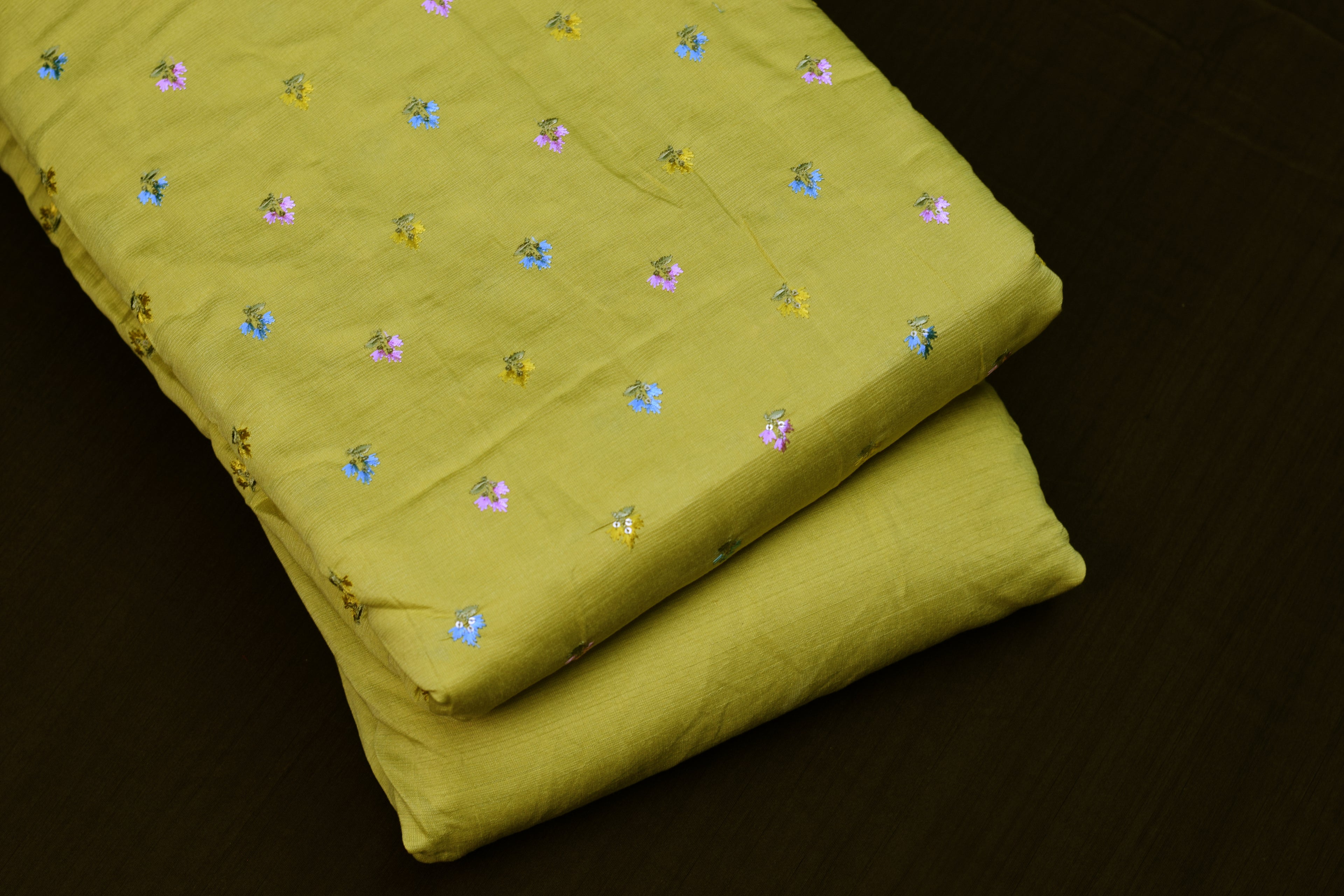 Premium Lime Green Tussar Silk Dress Material Set | Embroidered Top & Plain Bottom (56" Width)