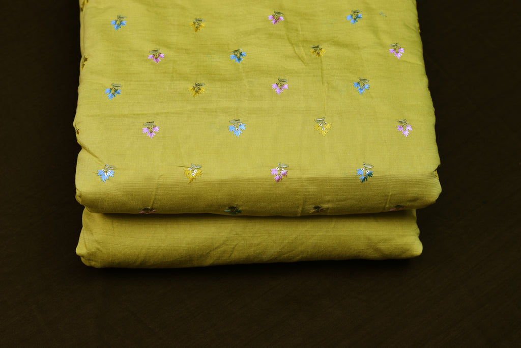 Premium Lime Green Tussar Silk Dress Material Set | Embroidered Top & Plain Bottom (56" Width)