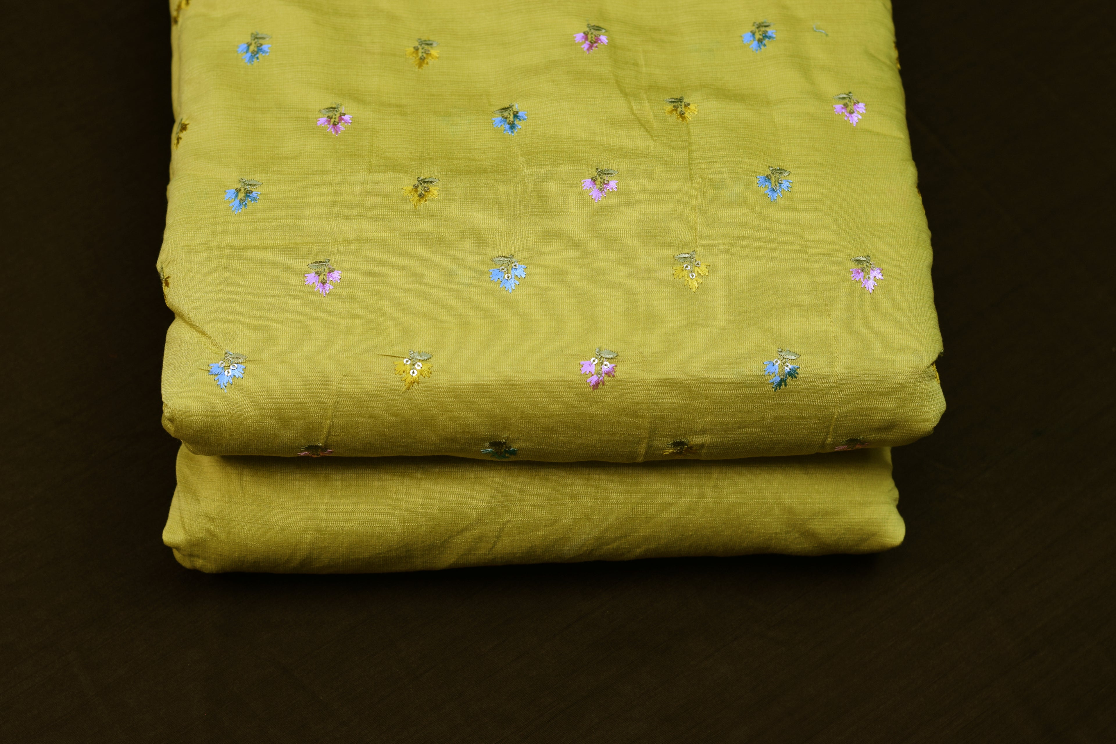 Premium Lime Green Tussar Silk Dress Material Set | Embroidered Top & Plain Bottom (56" Width)