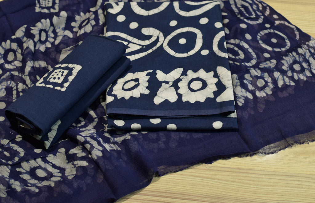 Navy Blue Batik Print Pure Cotton Unstitched Churidhar Dress Material Set