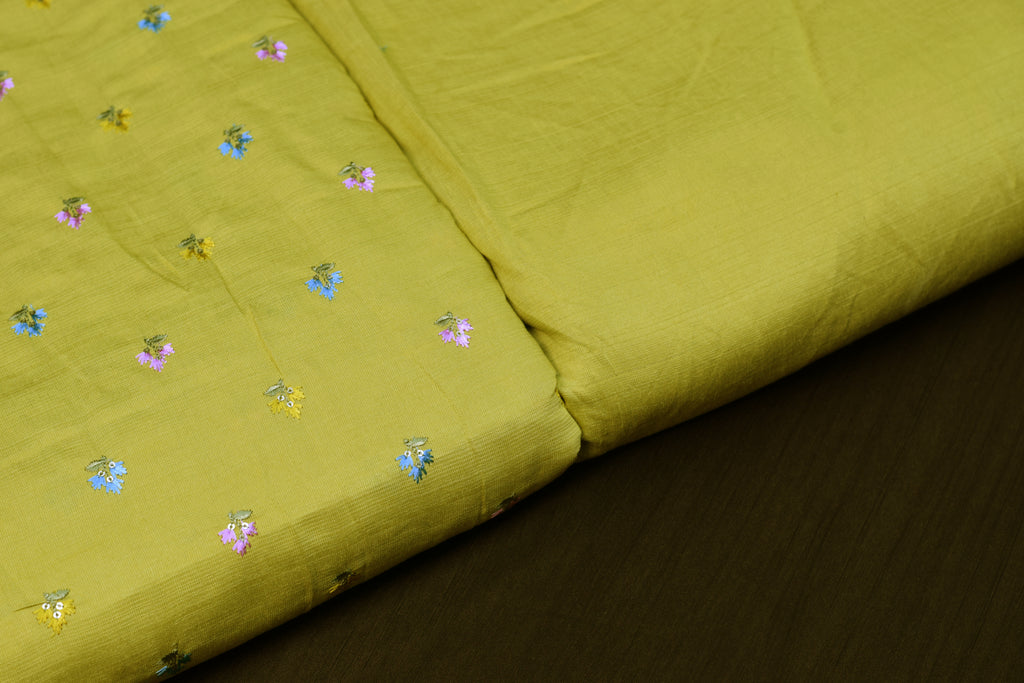 Premium Lime Green Tussar Silk Dress Material Set | Embroidered Top & Plain Bottom (56" Width)