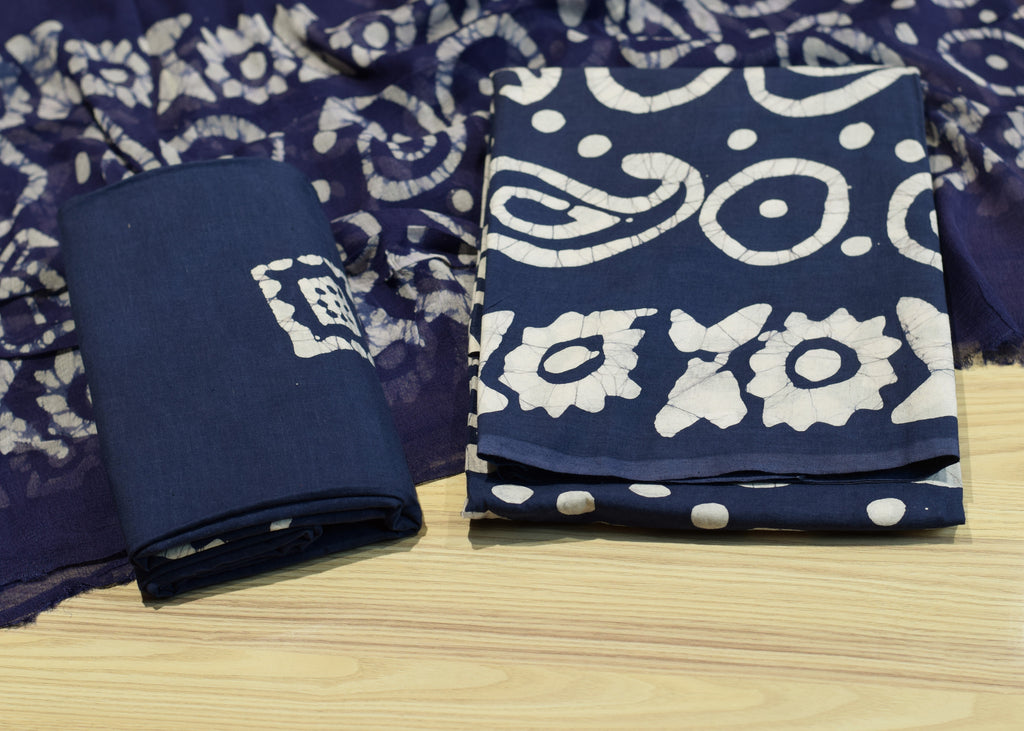 Navy Blue Batik Print Pure Cotton Unstitched Churidhar Dress Material Set