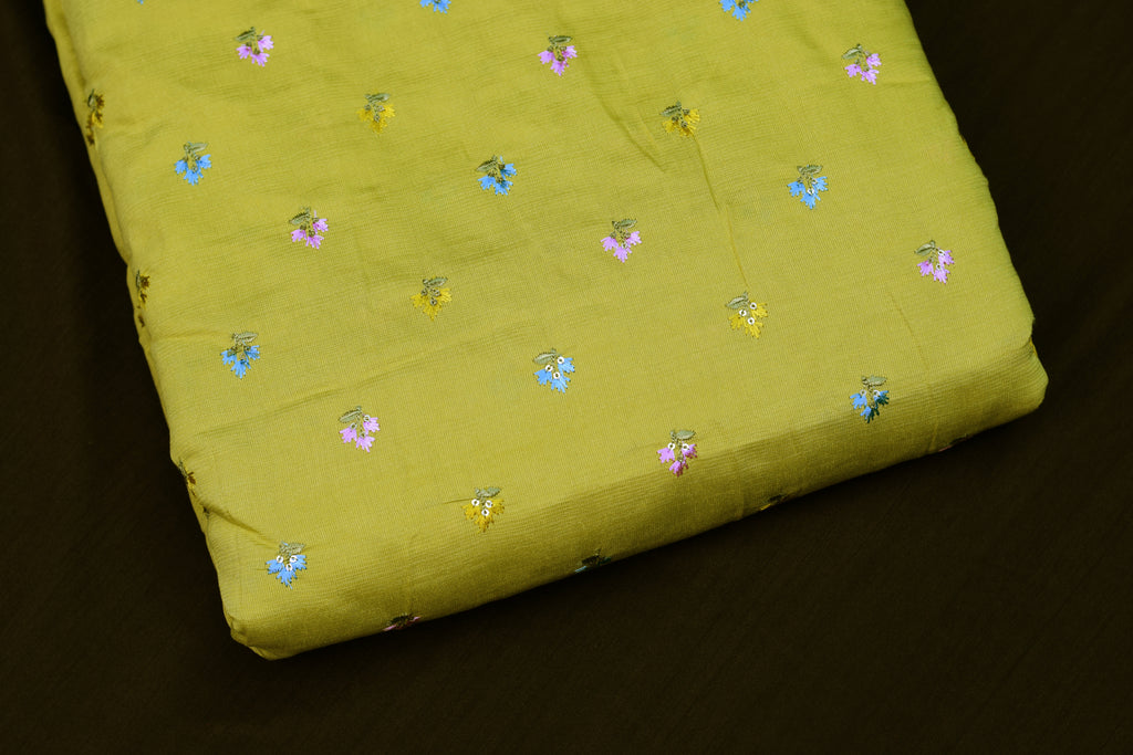 Premium Lime Green Tussar Silk Dress Material Set | Embroidered Top & Plain Bottom (56" Width)