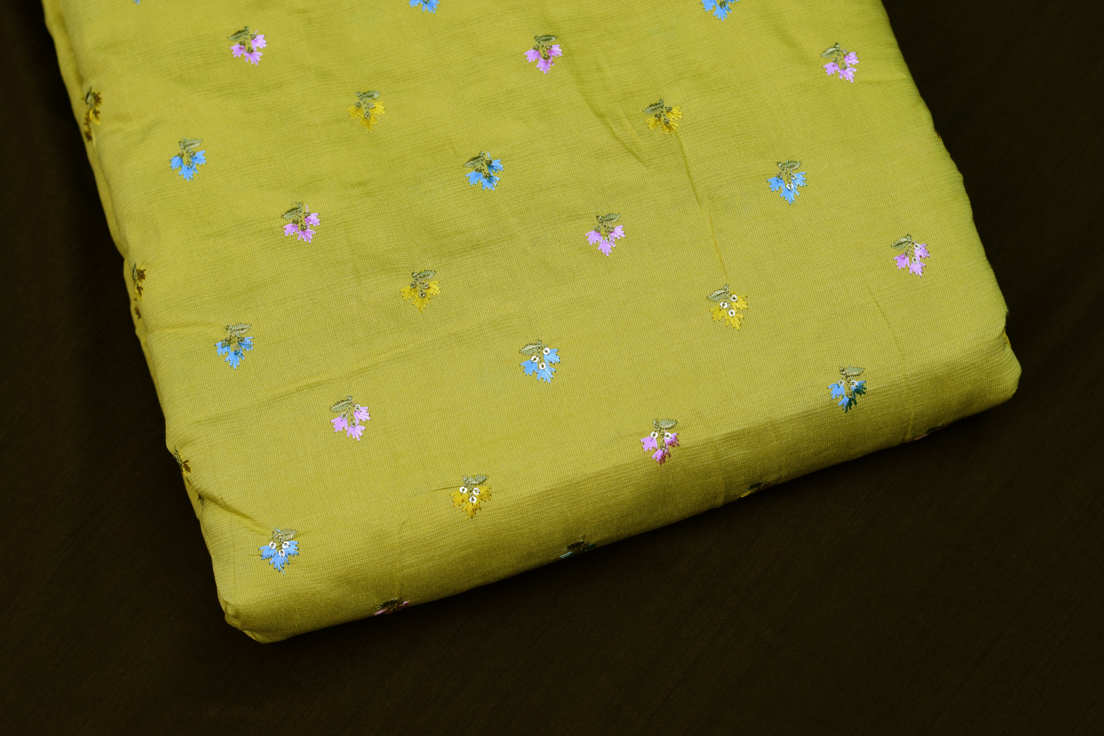 Premium Lime Green Tussar Silk Dress Material Set | Embroidered Top & Plain Bottom (56" Width)