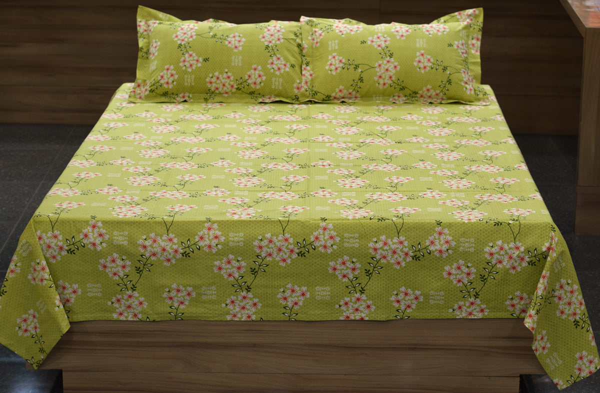 Green Floral Cotton Blend Queen Size Bedsheet – 90 × 100 Inch