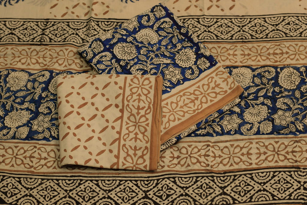 Blue & Beige Floral Printed Churidar Set Material