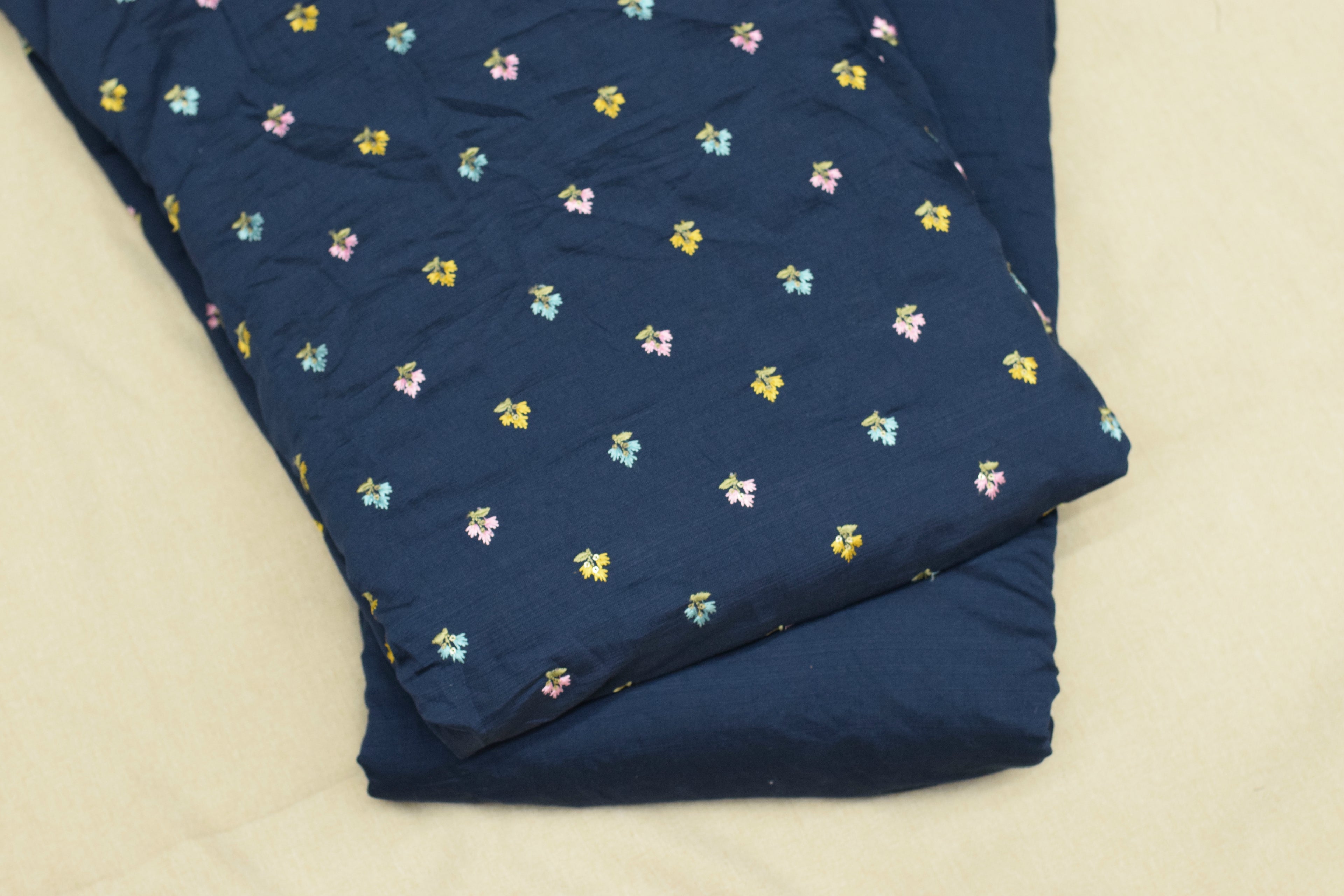Premium Vertican Silk Unstitched Dress Material Set – Navy Floral Print Top & Solid Bottom (56" Width)