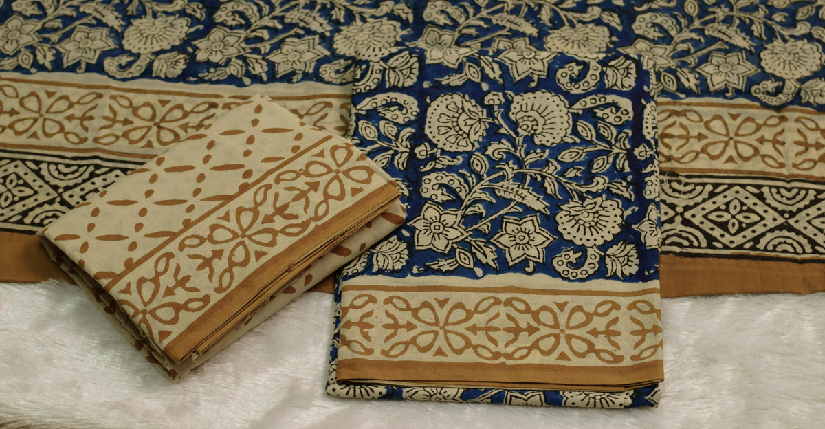 Blue & Beige Floral Printed Churidar Set Material