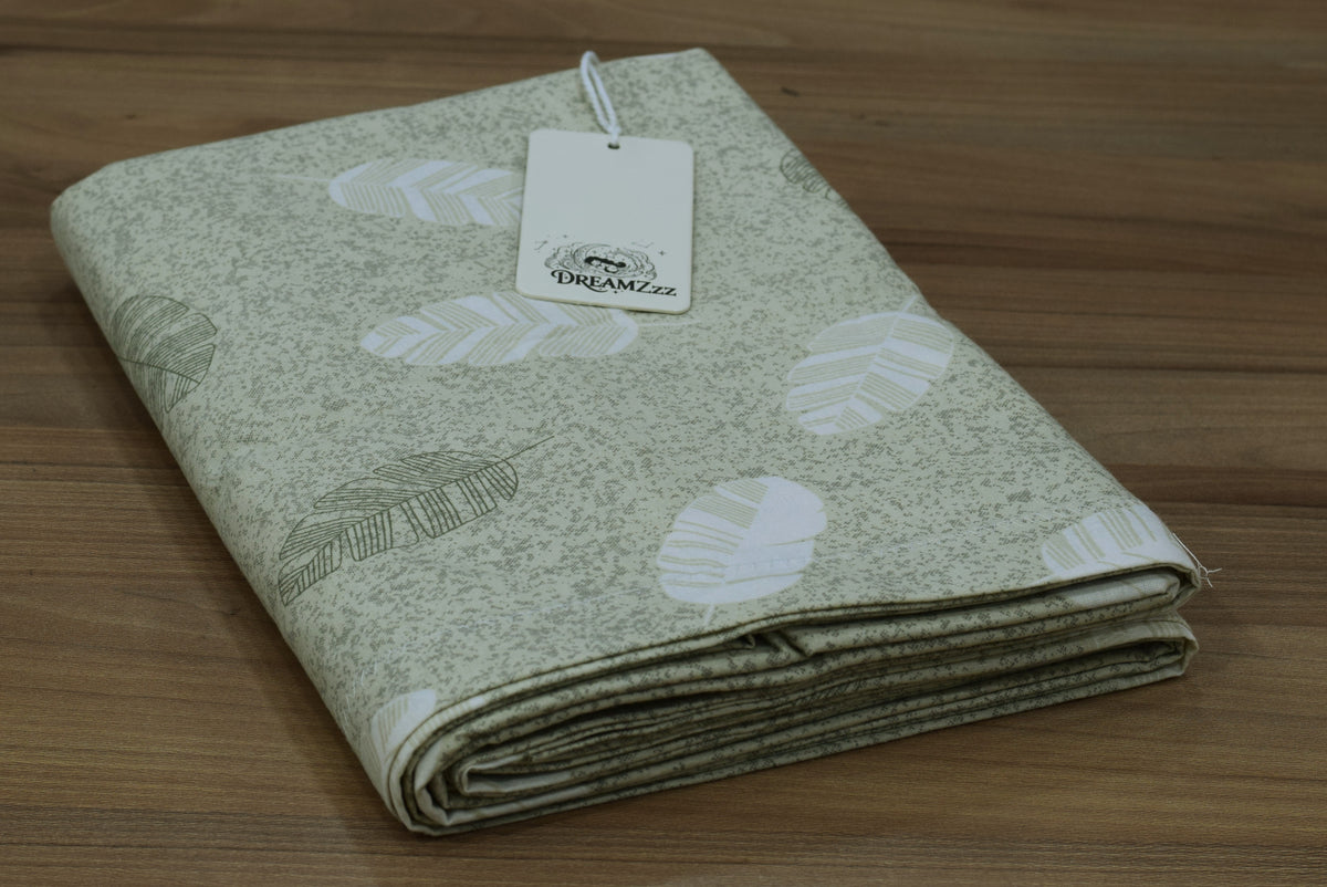 Sage Green Leaf Print Queen Size Cotton Blend Bedsheet with 2 Pillow Covers (90x100 inches)
