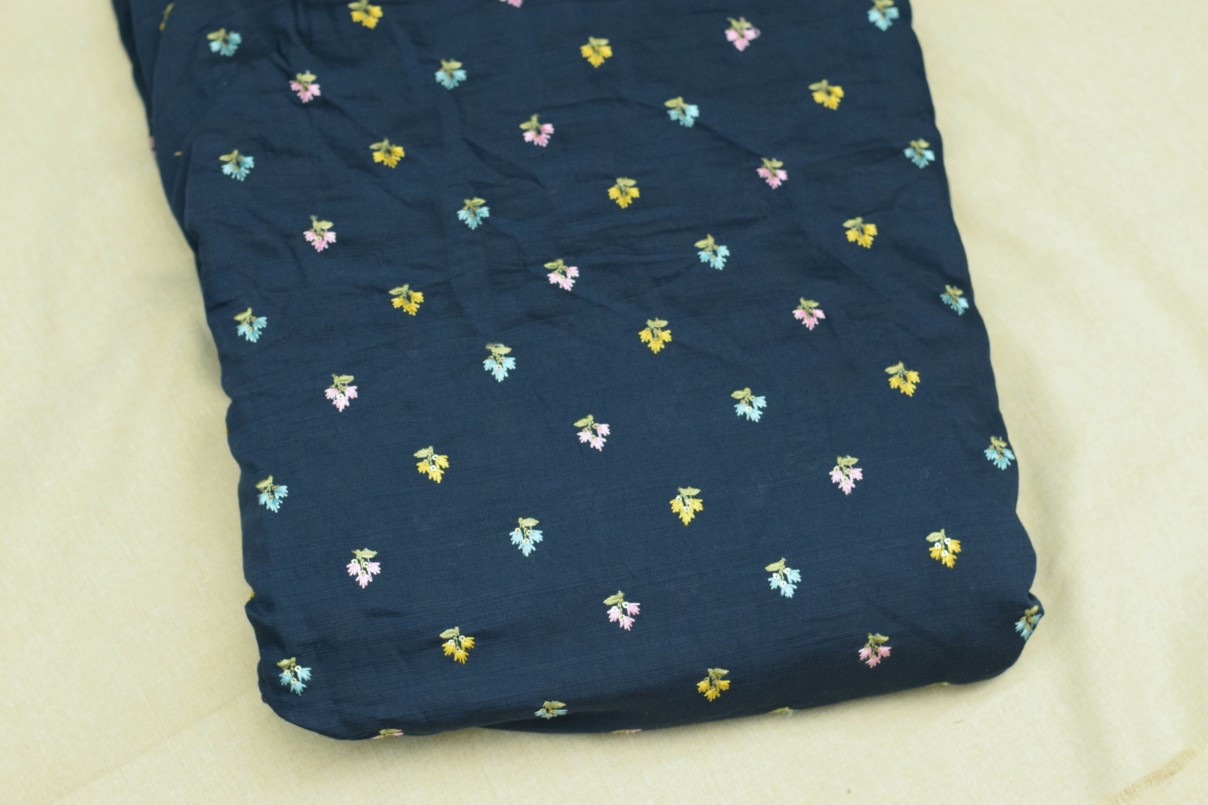 Premium Vertican Silk Unstitched Dress Material Set – Navy Floral Print Top & Solid Bottom (56" Width)